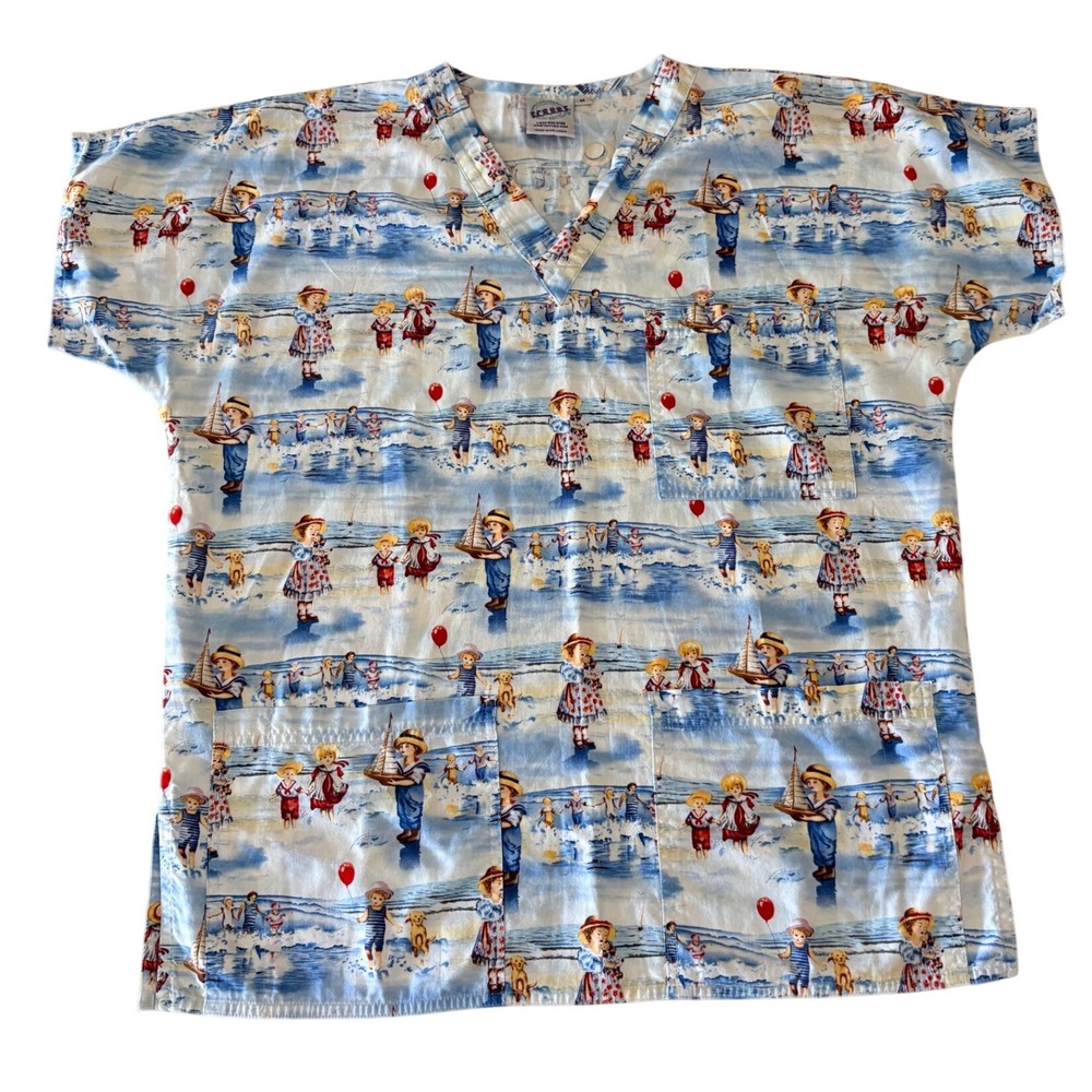 SCRUBS Womens M Scrub Top Vintage Beach Scene Children Sailboat 100% Cotton Blue